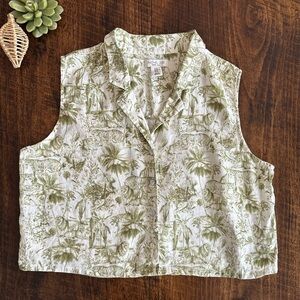 Rachel Zoe | 100% Linen Green & White Safari Print Sleeveless Crop Top, XL